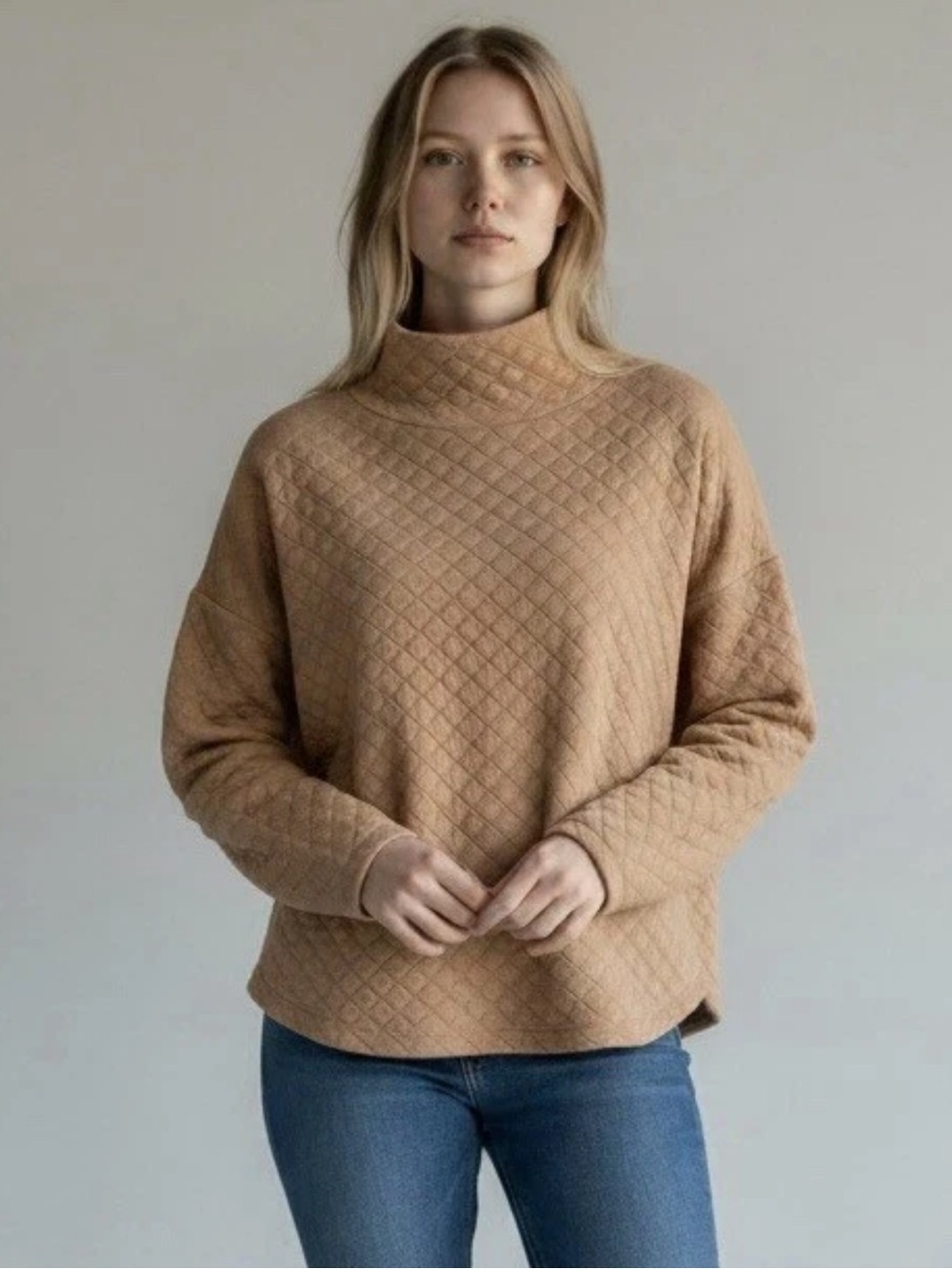 J. Crew Quilted Mockneck Pullover Pale Mocha Textured Sweater NWT